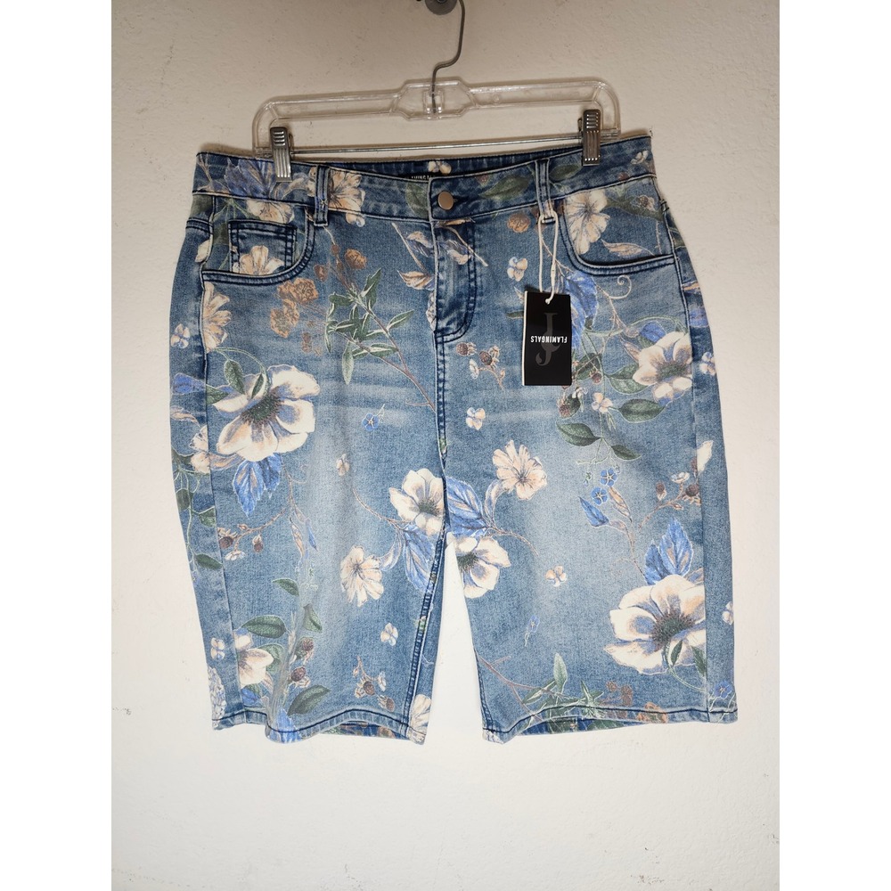 Flamingals Bermuda Shorts Women 2XL Blue Floral Print Stretch Denim High Rise